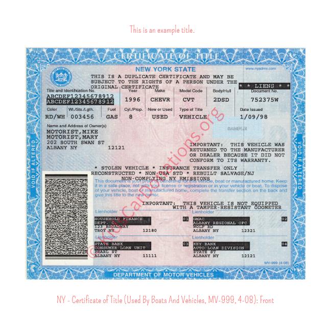 This is an Example of New York Certificate of Title (Used BY Boats And Vehicles, MV-999, 4-08) Front View | Kids Car Donations
